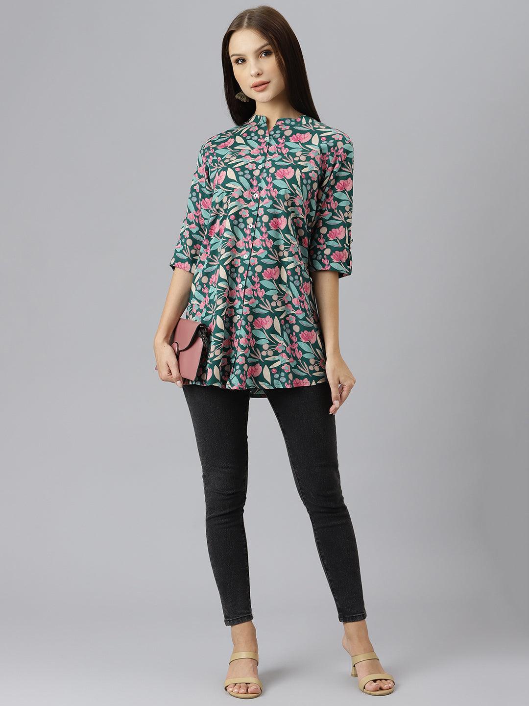 Jamal Jamaloo Dark Green Floral Rayon A-line Shirts Style Top - Jamal Jamalooworld.com