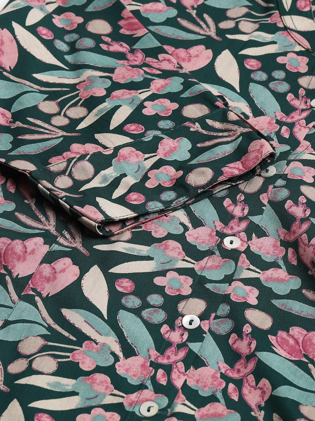 Jamal Jamaloo Dark Green Floral Rayon A-line Shirts Style Top - Jamal Jamalooworld.com