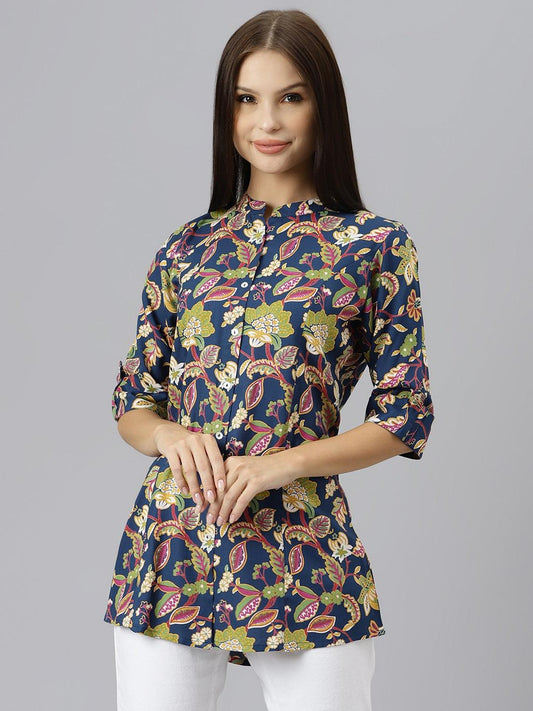 Jamal Jamaloo Navy Blue Floral Rayon A-line Shirts Style Top - Jamal Jamaloo