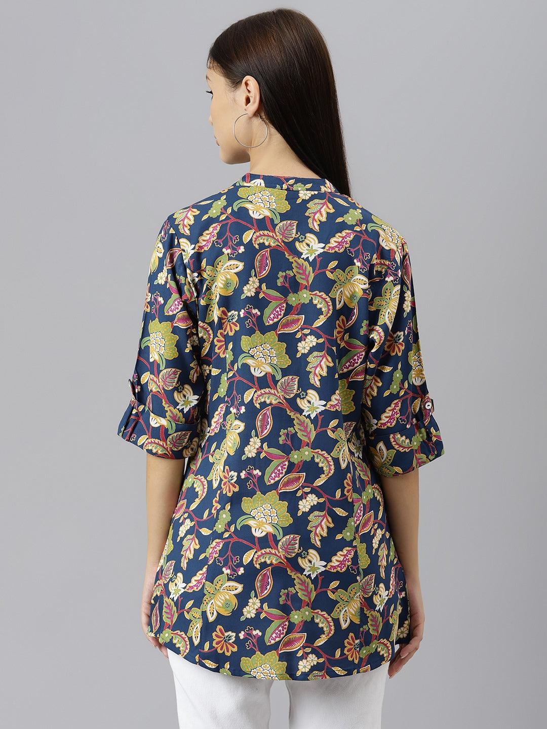 Jamal Jamaloo Navy Blue Floral Rayon A-line Shirts Style Top - Jamal Jamaloo