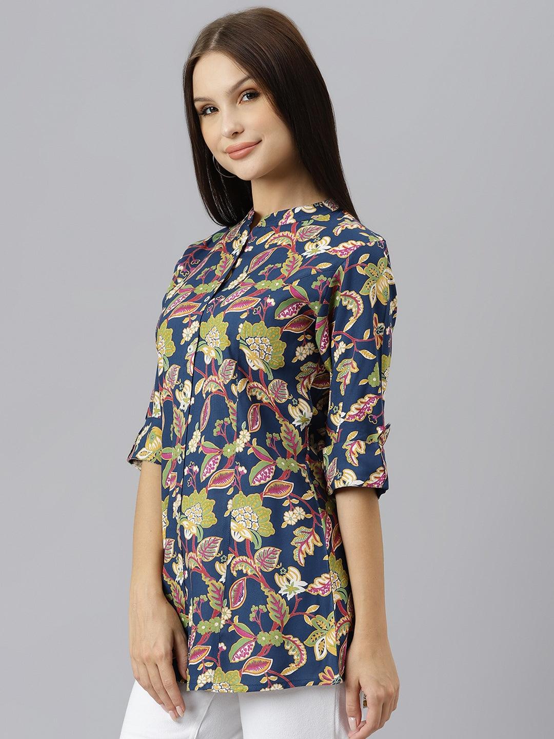 Jamal Jamaloo Navy Blue Floral Rayon A-line Shirts Style Top - Jamal Jamaloo