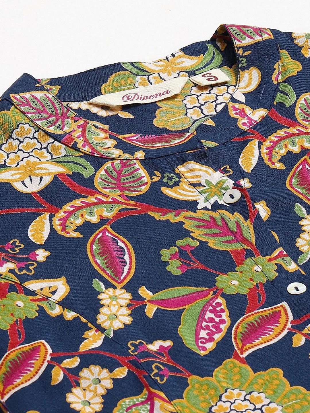 Jamal Jamaloo Navy Blue Floral Rayon A-line Shirts Style Top - Jamal Jamaloo