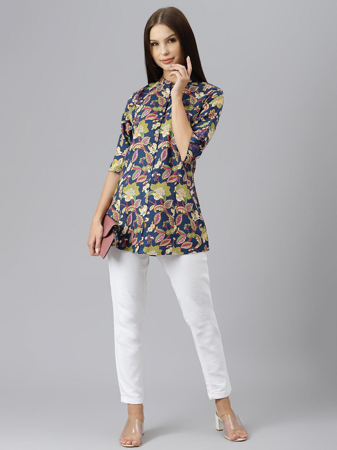 Jamal Jamaloo Navy Blue Floral Rayon A-line Shirts Style Top - Jamal Jamaloo