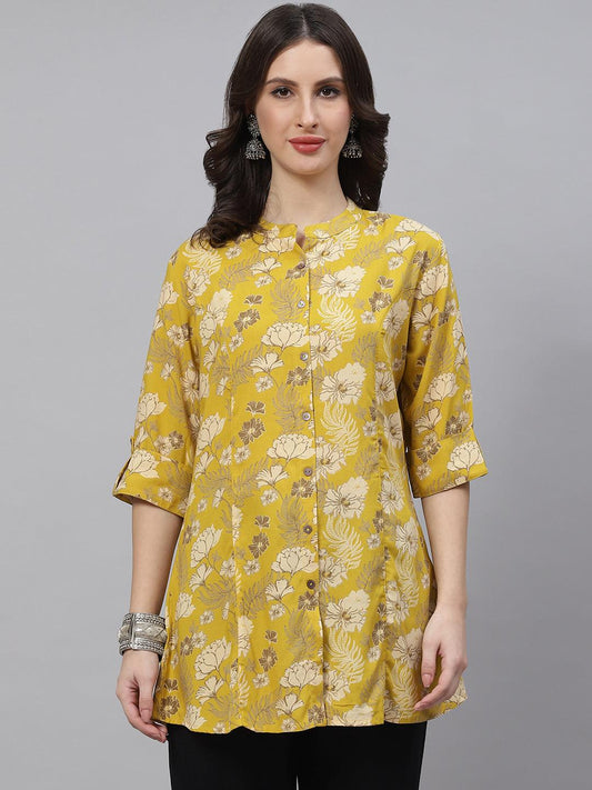 Jamal Jamaloo Mustard Floral Rayon A-lineTop - Jamal Jamaloo