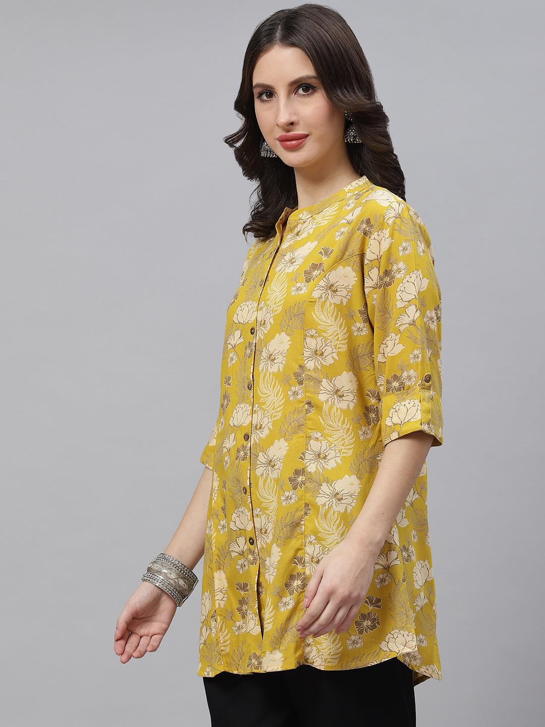 Jamal Jamaloo Mustard Floral Rayon A-lineTop - Jamal Jamaloo