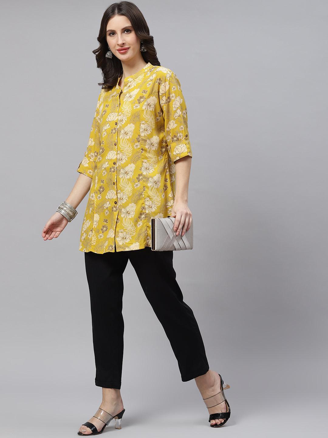 Jamal Jamaloo Mustard Floral Rayon A-lineTop - Jamal Jamaloo