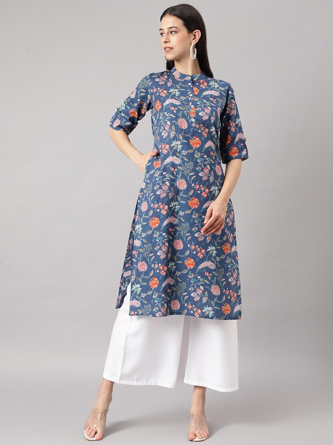 Jamal Jamaloo Blue and Orange Cotton Katha work Straight Kurta - Jamal Jamaloo
