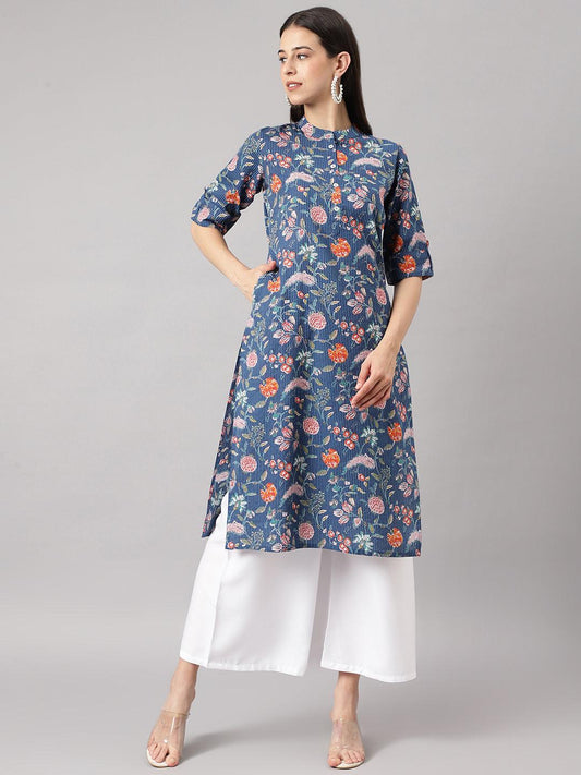 Jamal Jamaloo Blue and Orange Cotton Katha work Straight Kurta - Jamal Jamaloo