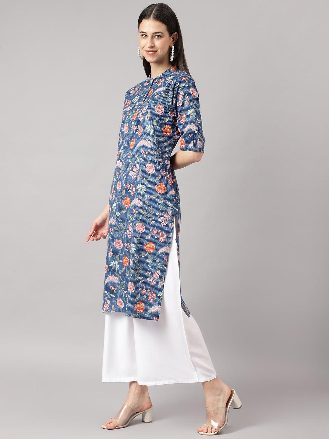 Jamal Jamaloo Blue and Orange Cotton Katha work Straight Kurta - Jamal Jamaloo