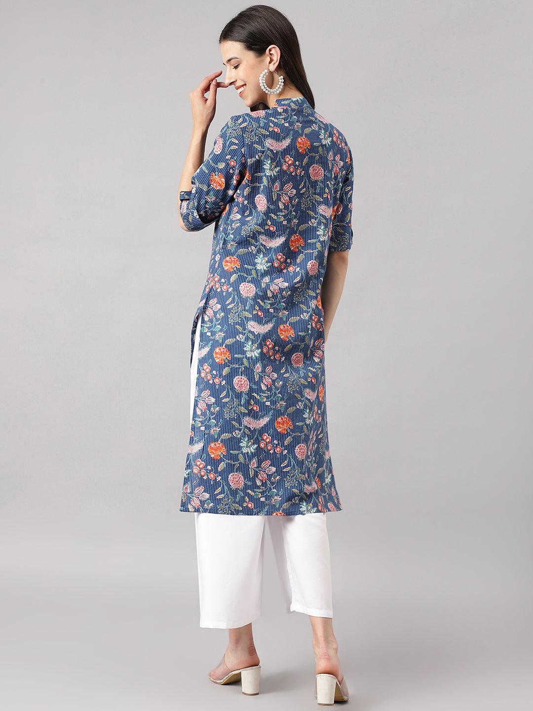 Jamal Jamaloo Blue and Orange Cotton Katha work Straight Kurta - Jamal Jamaloo