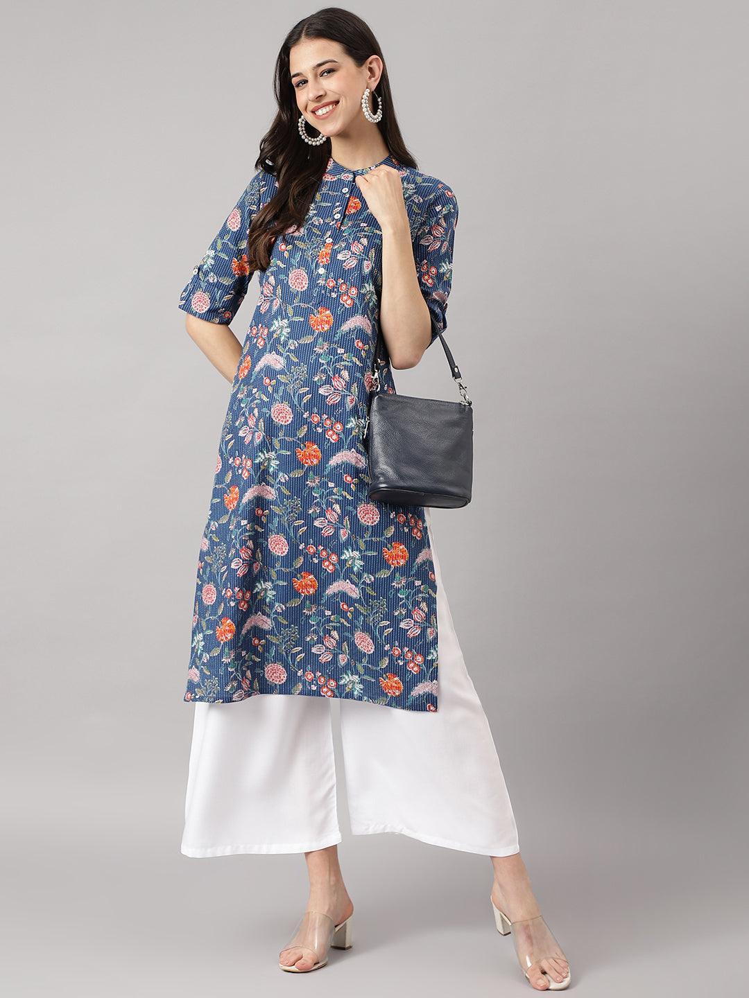 Jamal Jamaloo Blue and Orange Cotton Katha work Straight Kurta - Jamal Jamaloo