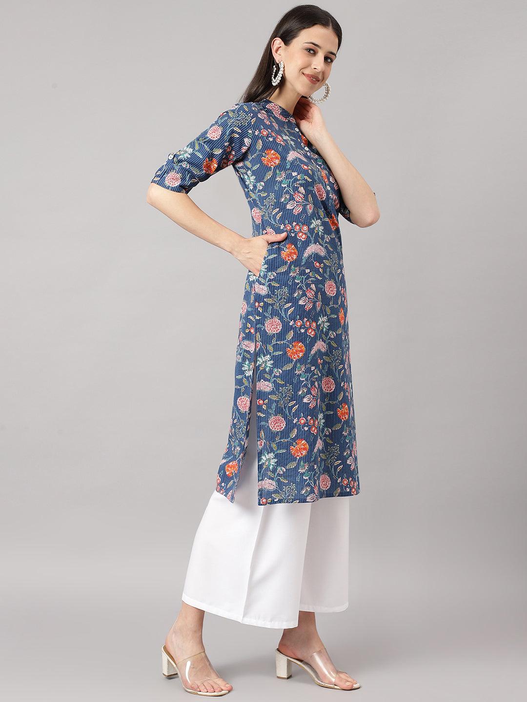 Jamal Jamaloo Blue and Orange Cotton Katha work Straight Kurta - Jamal Jamaloo