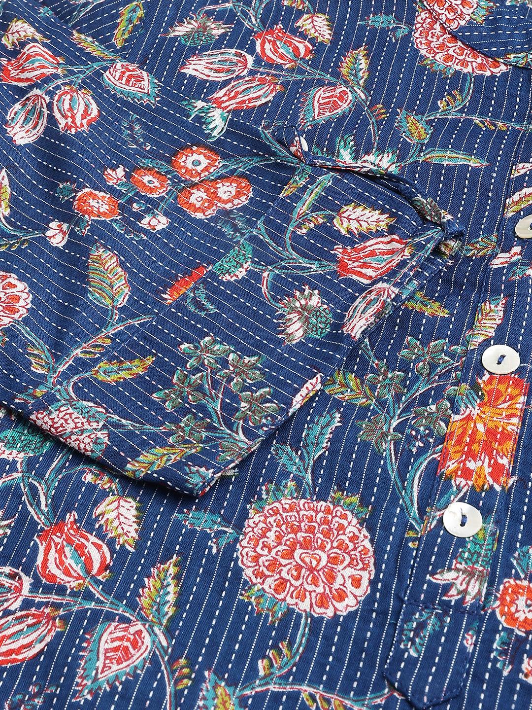 Jamal Jamaloo Blue and Orange Cotton Katha work Straight Kurta - Jamal Jamaloo