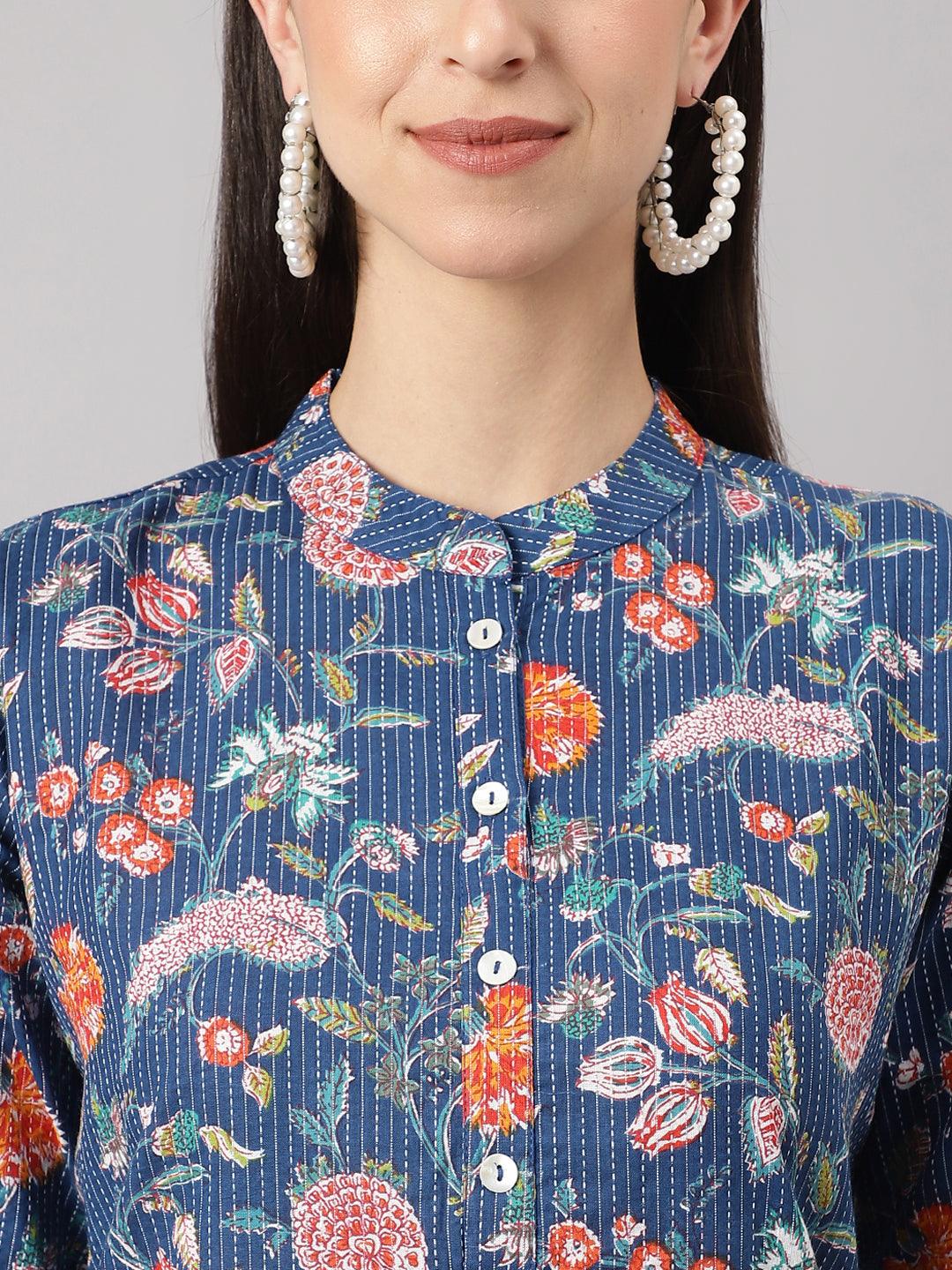 Jamal Jamaloo Blue and Orange Cotton Katha work Straight Kurta - Jamal Jamaloo
