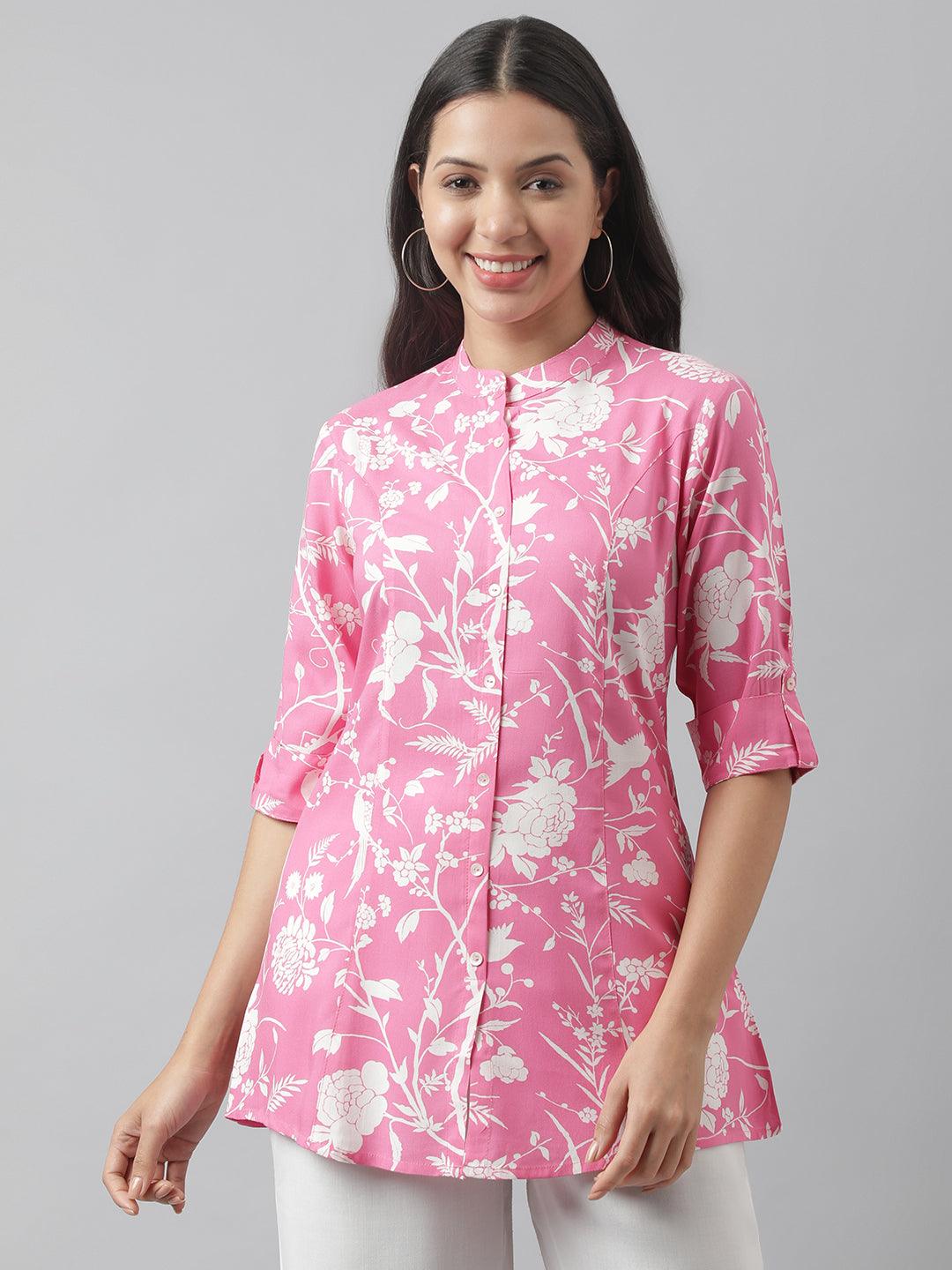 Jamal Jamaloo Light Pink Floral Printed Rayon A-line Shirt Style Top - Jamal Jamaloo