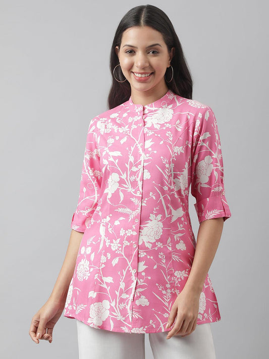 Jamal Jamaloo Light Pink Floral Printed Rayon A-line Shirt Style Top - Jamal Jamaloo