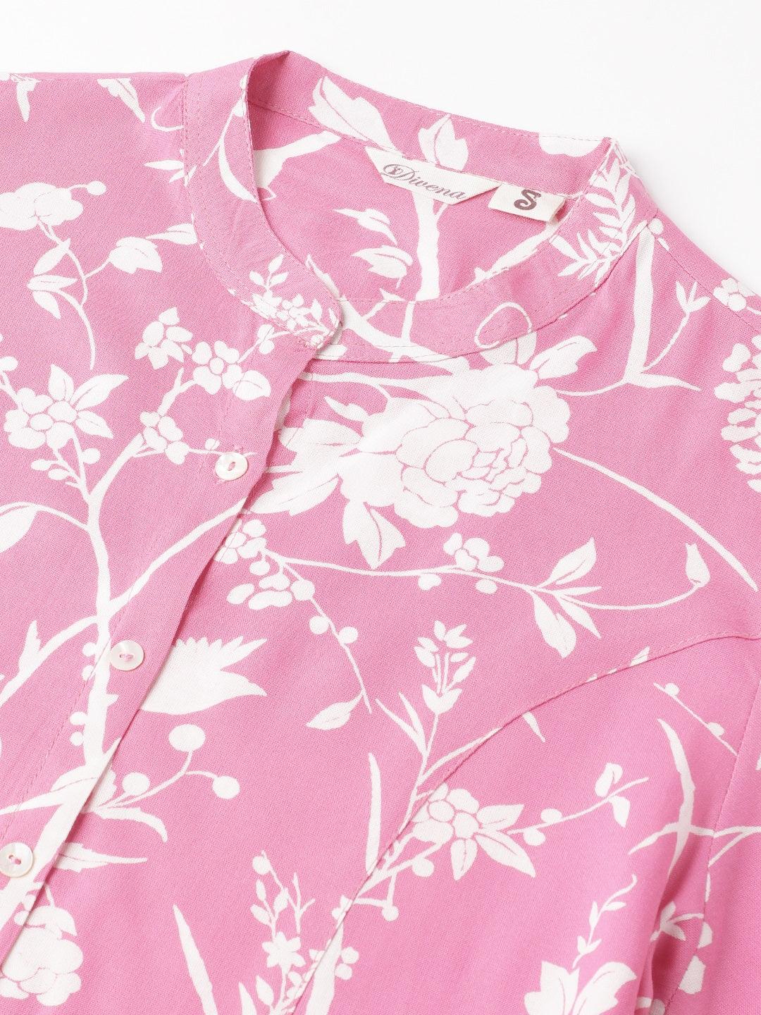 Jamal Jamaloo Light Pink Floral Printed Rayon A-line Shirt Style Top - Jamal Jamaloo