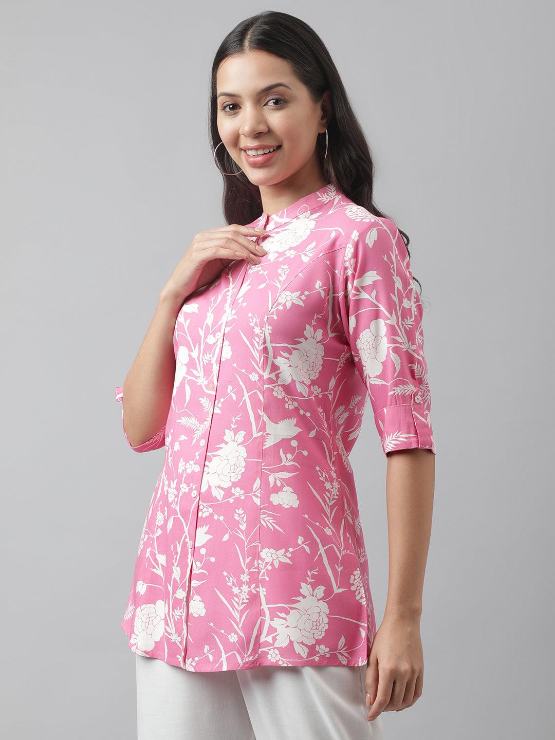 Jamal Jamaloo Light Pink Floral Printed Rayon A-line Shirt Style Top - Jamal Jamaloo