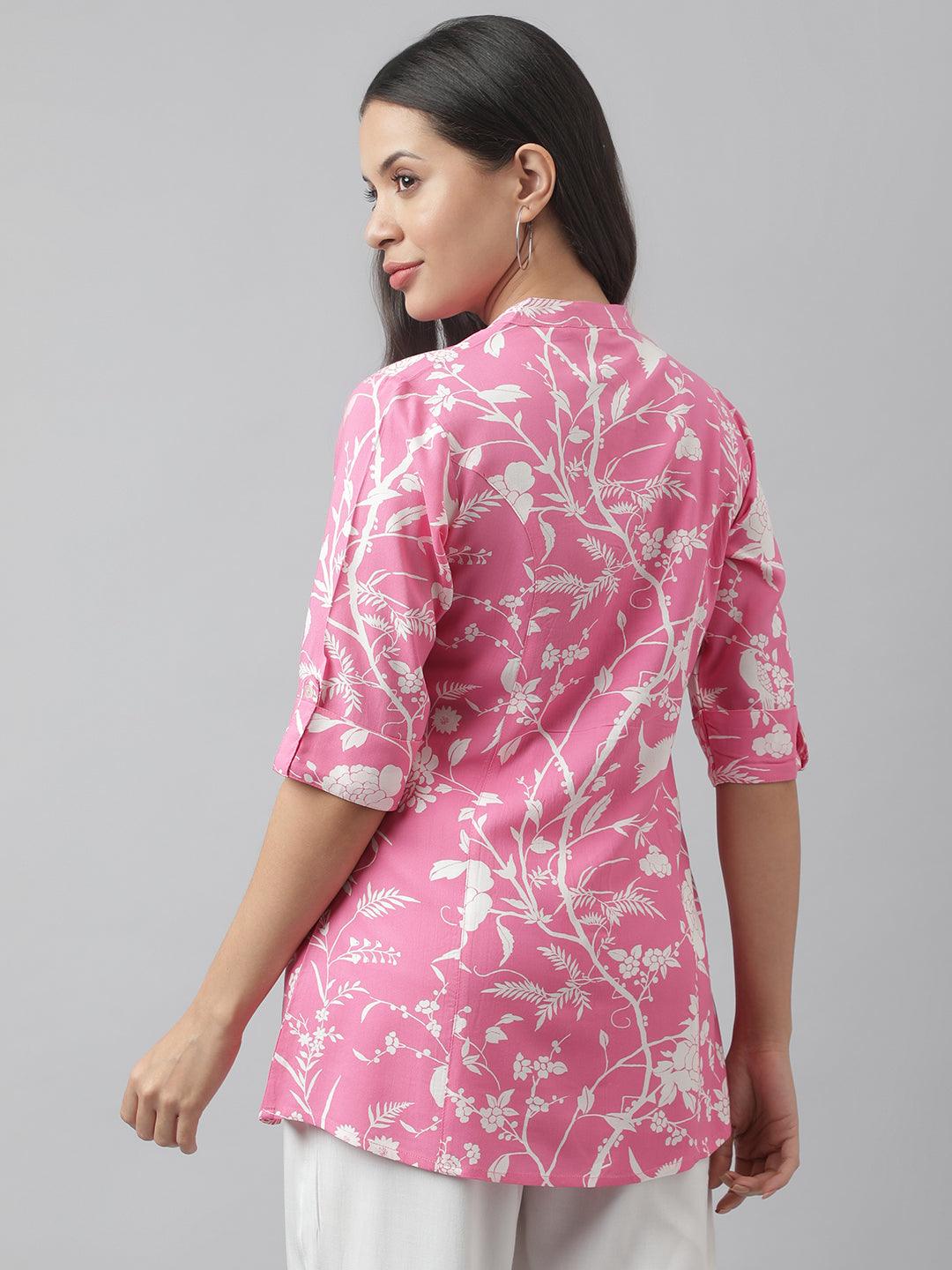 Jamal Jamaloo Light Pink Floral Printed Rayon A-line Shirt Style Top - Jamal Jamaloo