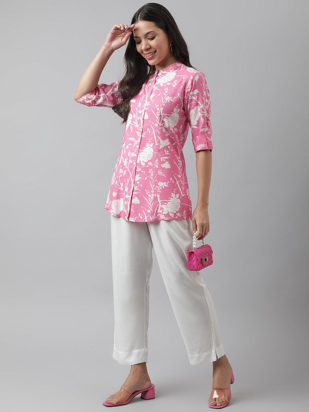 Jamal Jamaloo Light Pink Floral Printed Rayon A-line Shirt Style Top - Jamal Jamaloo