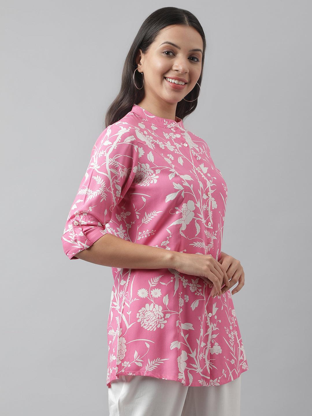 Jamal Jamaloo Light Pink Floral Printed Rayon A-line Shirt Style Top - Jamal Jamaloo