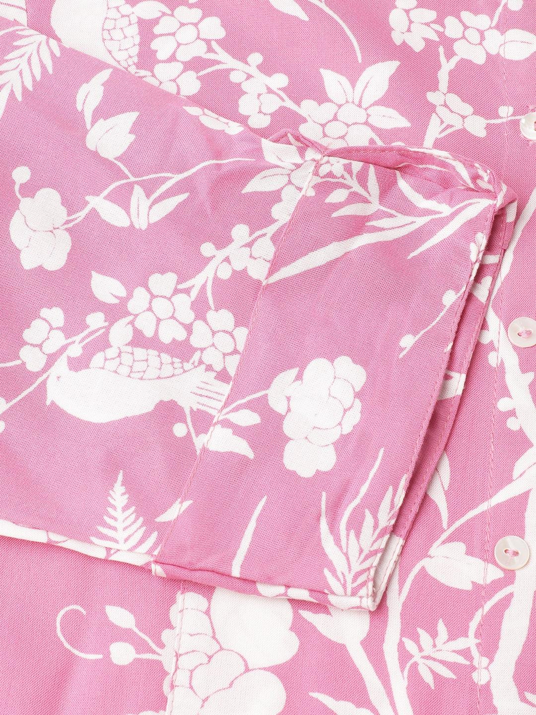 Jamal Jamaloo Light Pink Floral Printed Rayon A-line Shirt Style Top - Jamal Jamaloo
