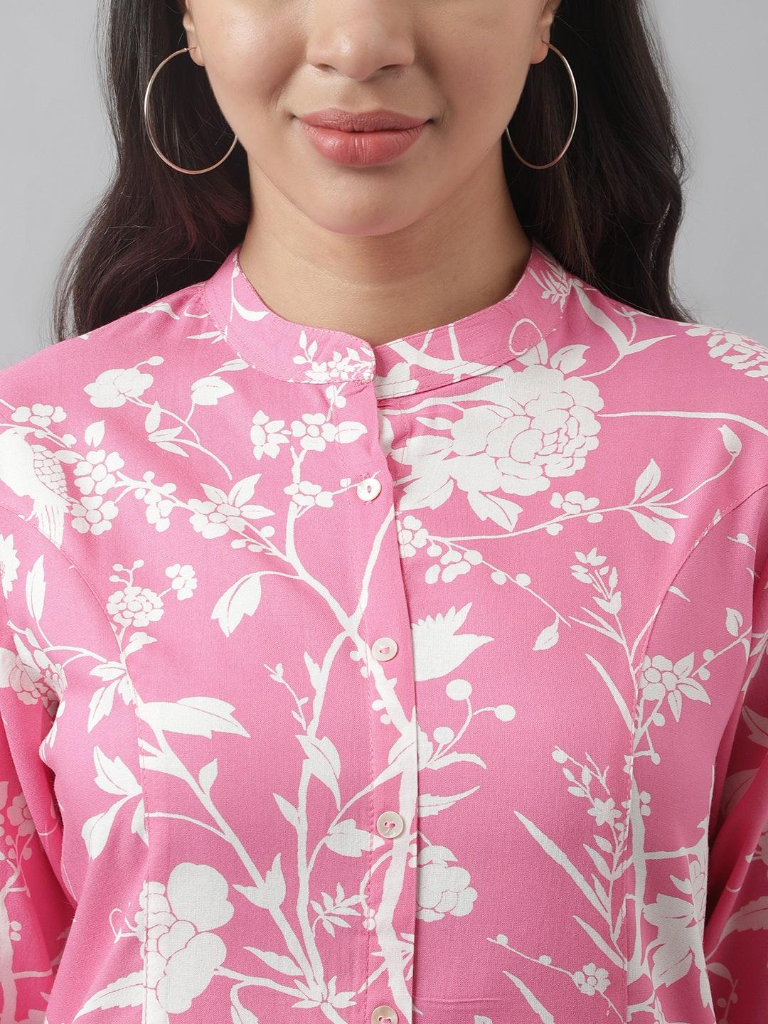 Jamal Jamaloo Light Pink Floral Printed Rayon A-line Shirt Style Top - Jamal Jamaloo