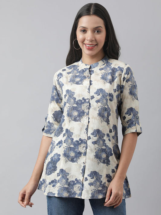 Jamal Jamaloo Cream Floral Printed Rayon A-line Shirt Style Top - Jamal Jamaloo