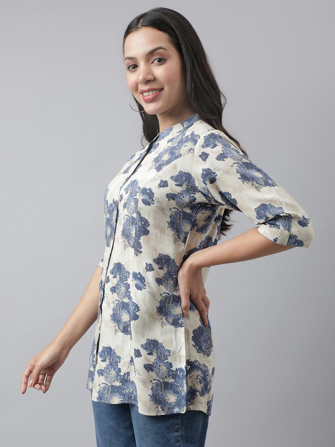 Jamal Jamaloo Cream Floral Printed Rayon A-line Shirt Style Top - Jamal Jamaloo