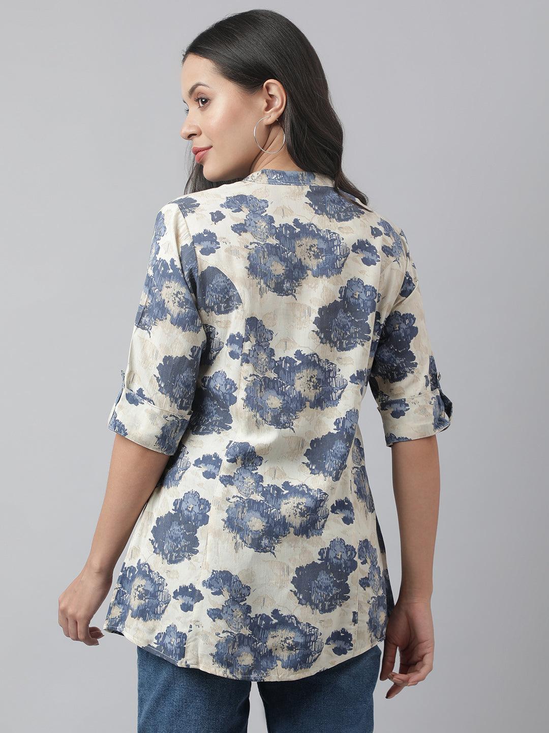 Jamal Jamaloo Cream Floral Printed Rayon A-line Shirt Style Top - Jamal Jamaloo