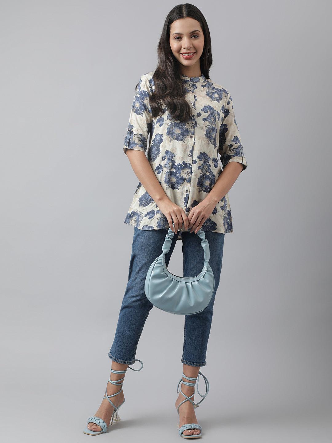 Jamal Jamaloo Cream Floral Printed Rayon A-line Shirt Style Top - Jamal Jamaloo