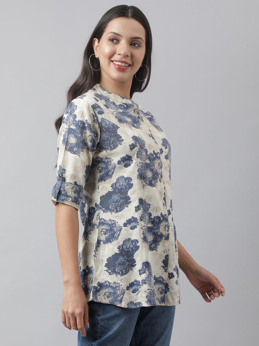 Jamal Jamaloo Cream Floral Printed Rayon A-line Shirt Style Top - Jamal Jamaloo