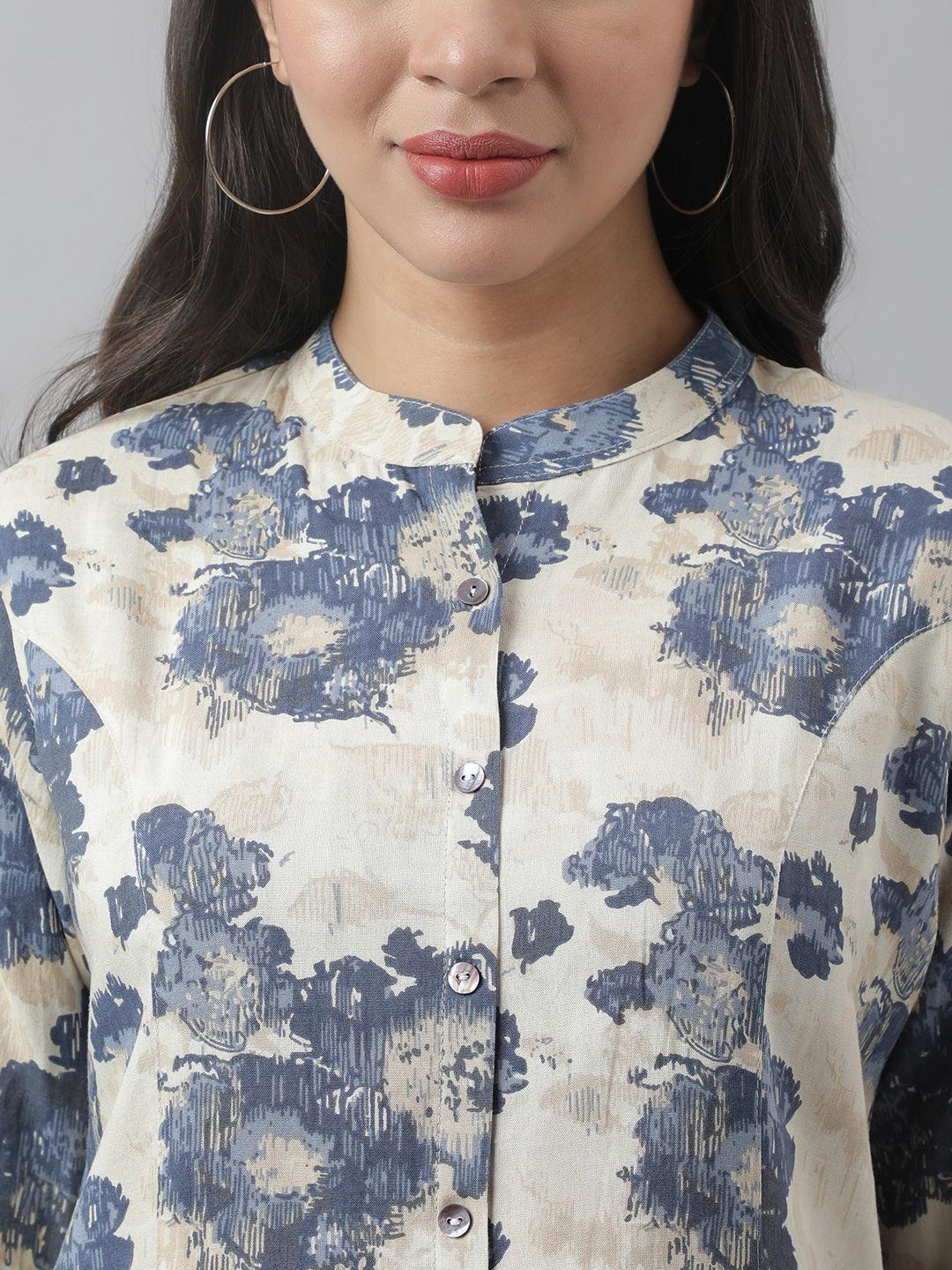 Jamal Jamaloo Cream Floral Printed Rayon A-line Shirt Style Top - Jamal Jamaloo