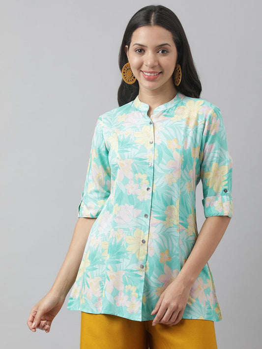 Jamal Jamaloo Sea Green Floral Printed Rayon A-line Shirt Style Top - Jamal Jamaloo
