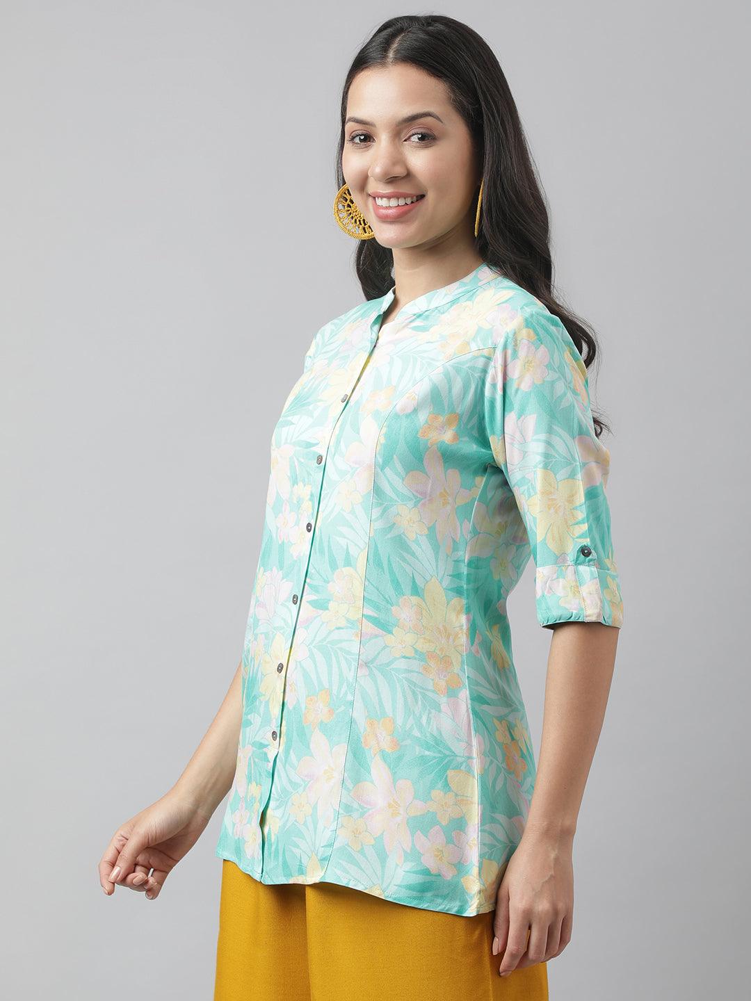 Jamal Jamaloo Sea Green Floral Printed Rayon A-line Shirt Style Top - Jamal Jamaloo