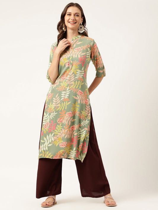 Green Floral Digital Printed Straight Fold Sleeve Kurta