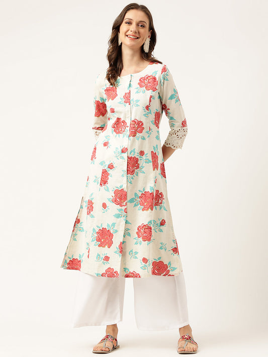 Cream Floral Printed Cotton A-Line  Kurta