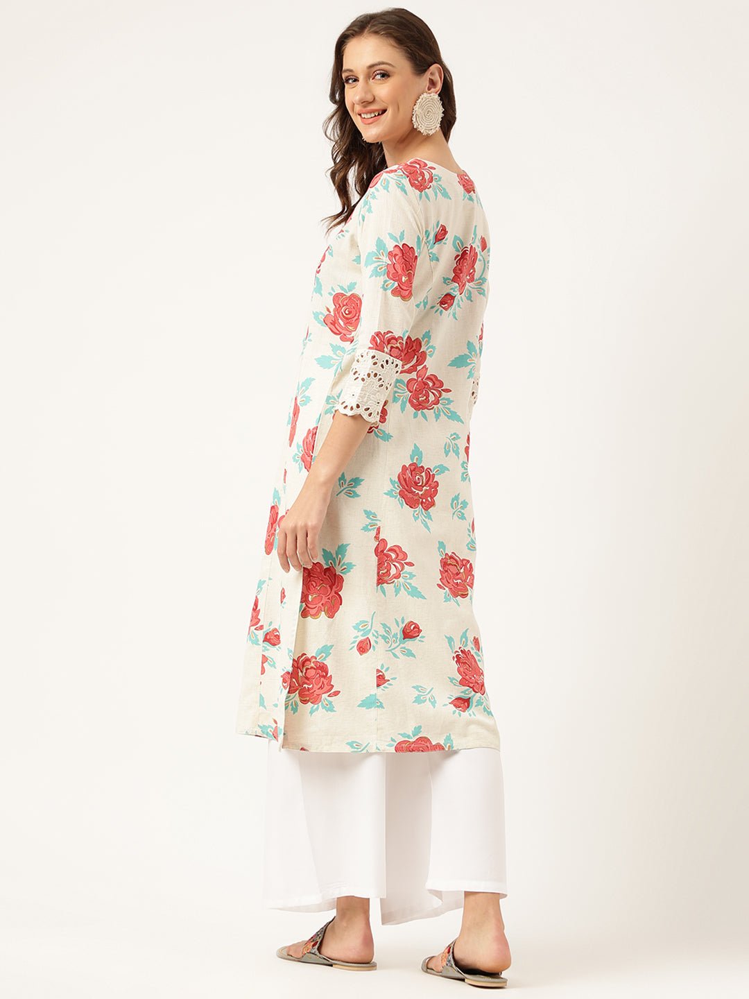 Cream Floral Printed Cotton A-Line  Kurta