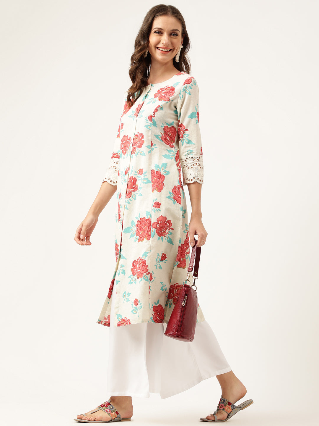 Cream Floral Printed Cotton A-Line  Kurta
