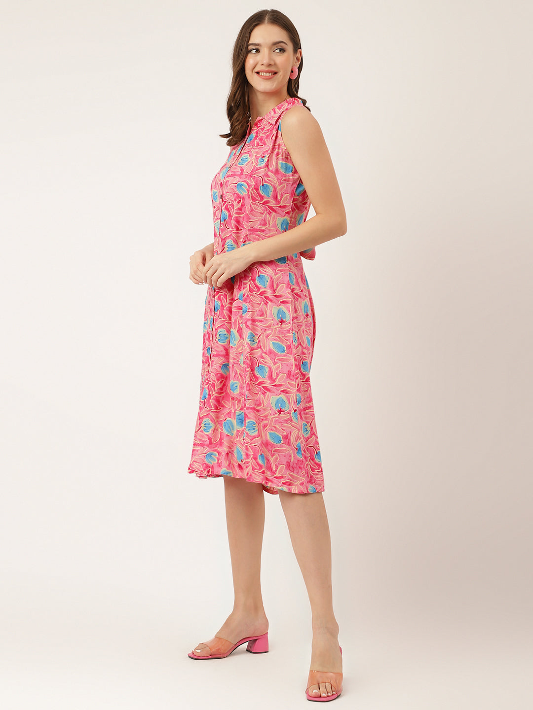 Pink Floral Print Rayon A-Line Midi Dress with Attached Sleeves for Women