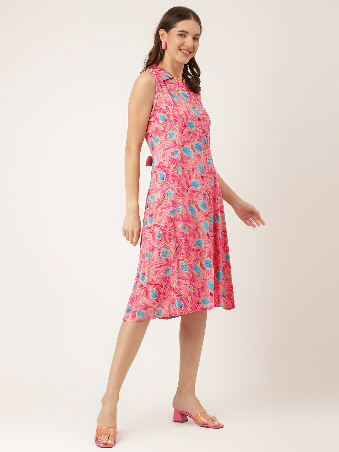 Pink Floral Print Rayon A-Line Midi Dress with Attached Sleeves for Women