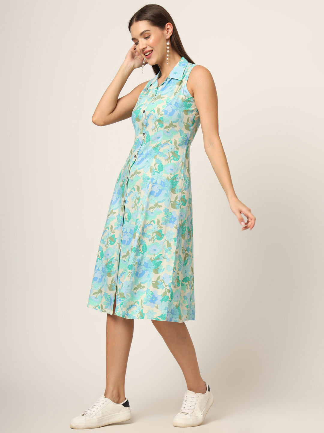 Green Floral Print A-Line Midi Dress
