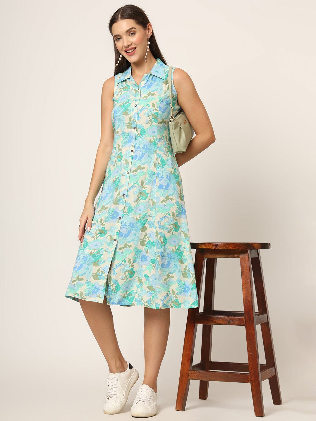 Green Floral Print A-Line Midi Dress