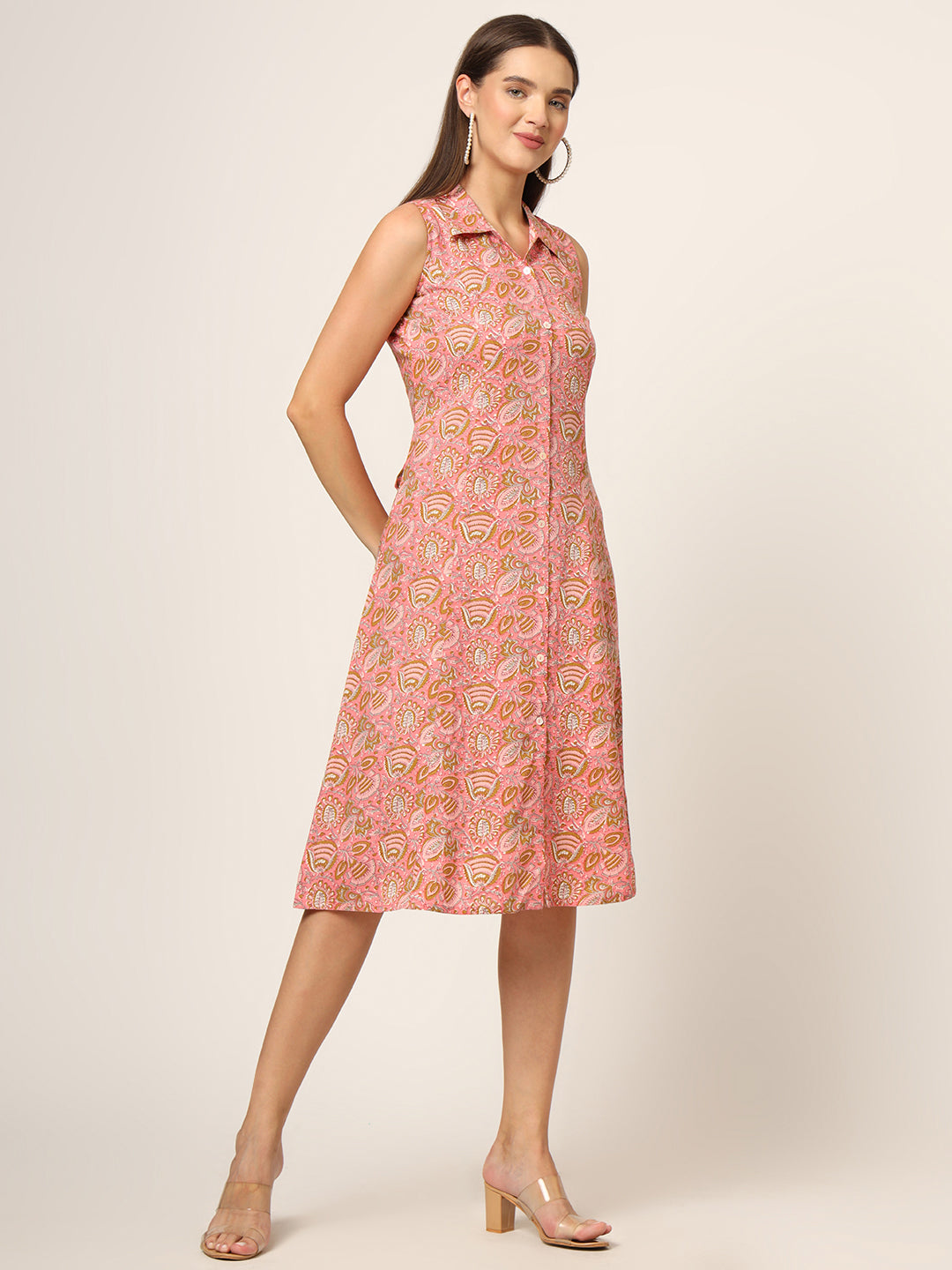Pink Floral Print A-Line Midi Dress
