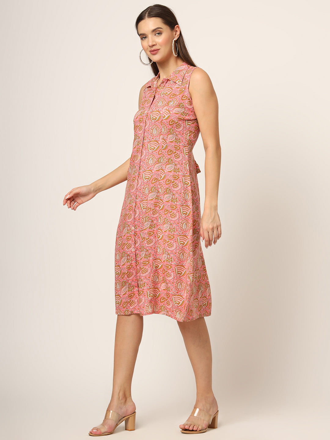 Pink Floral Print A-Line Midi Dress