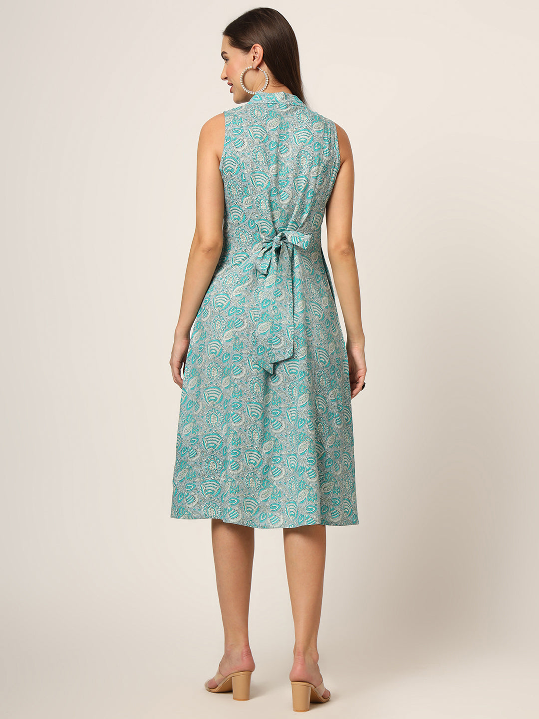 Sky Blue Floral Print A-Line Midi Dress
