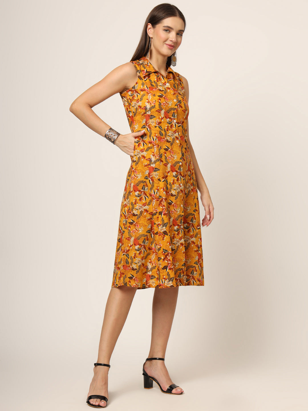 Yellow Floral Print A-Line Midi Dress