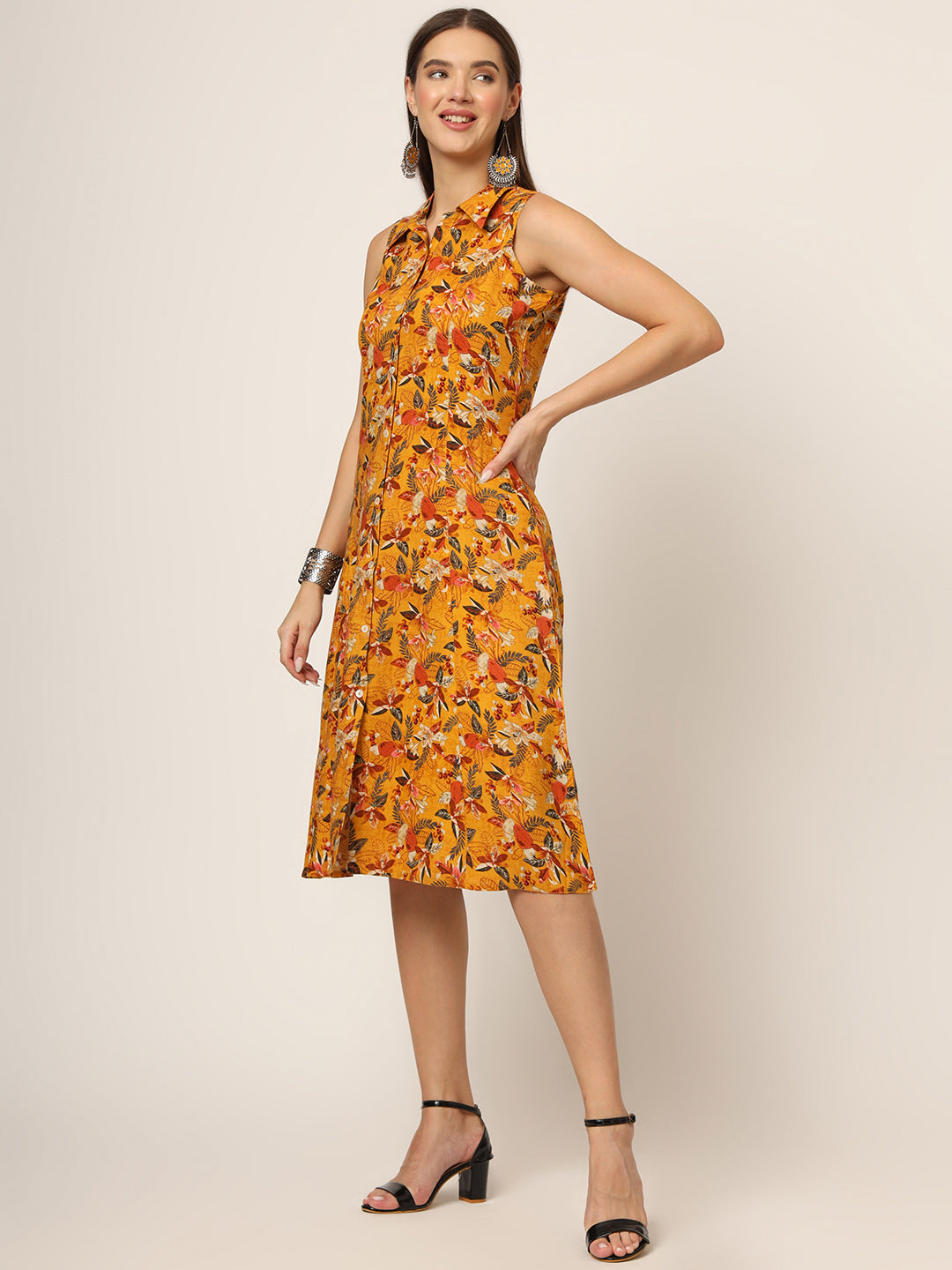 Yellow Floral Print A-Line Midi Dress
