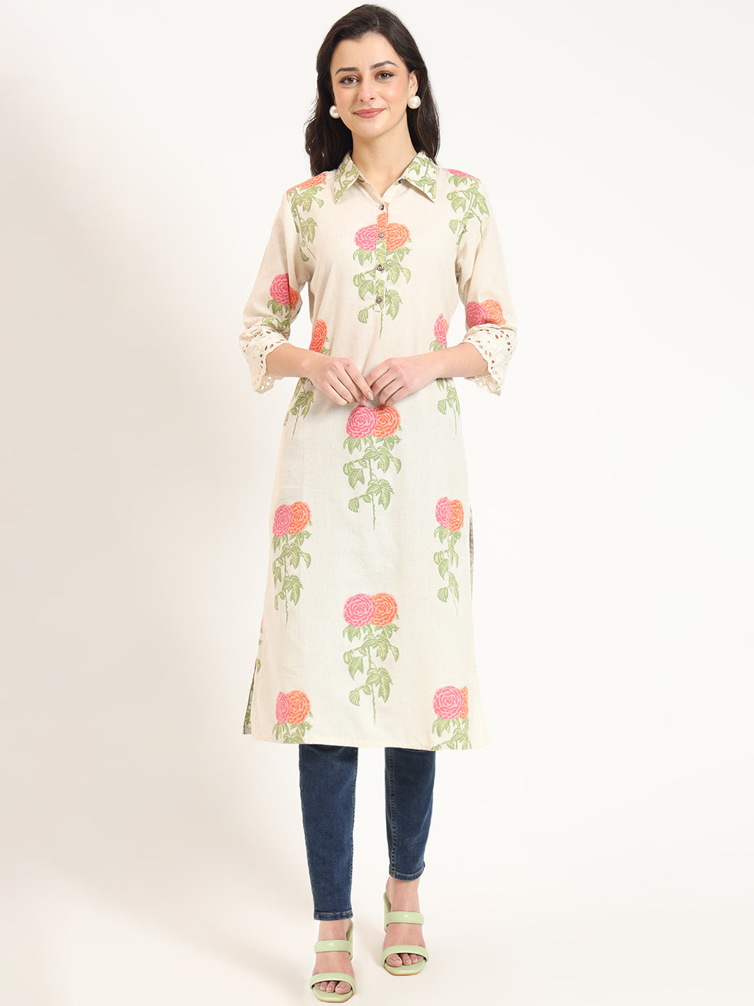Cream Pink Floral Print Cotton Fabric Kurta