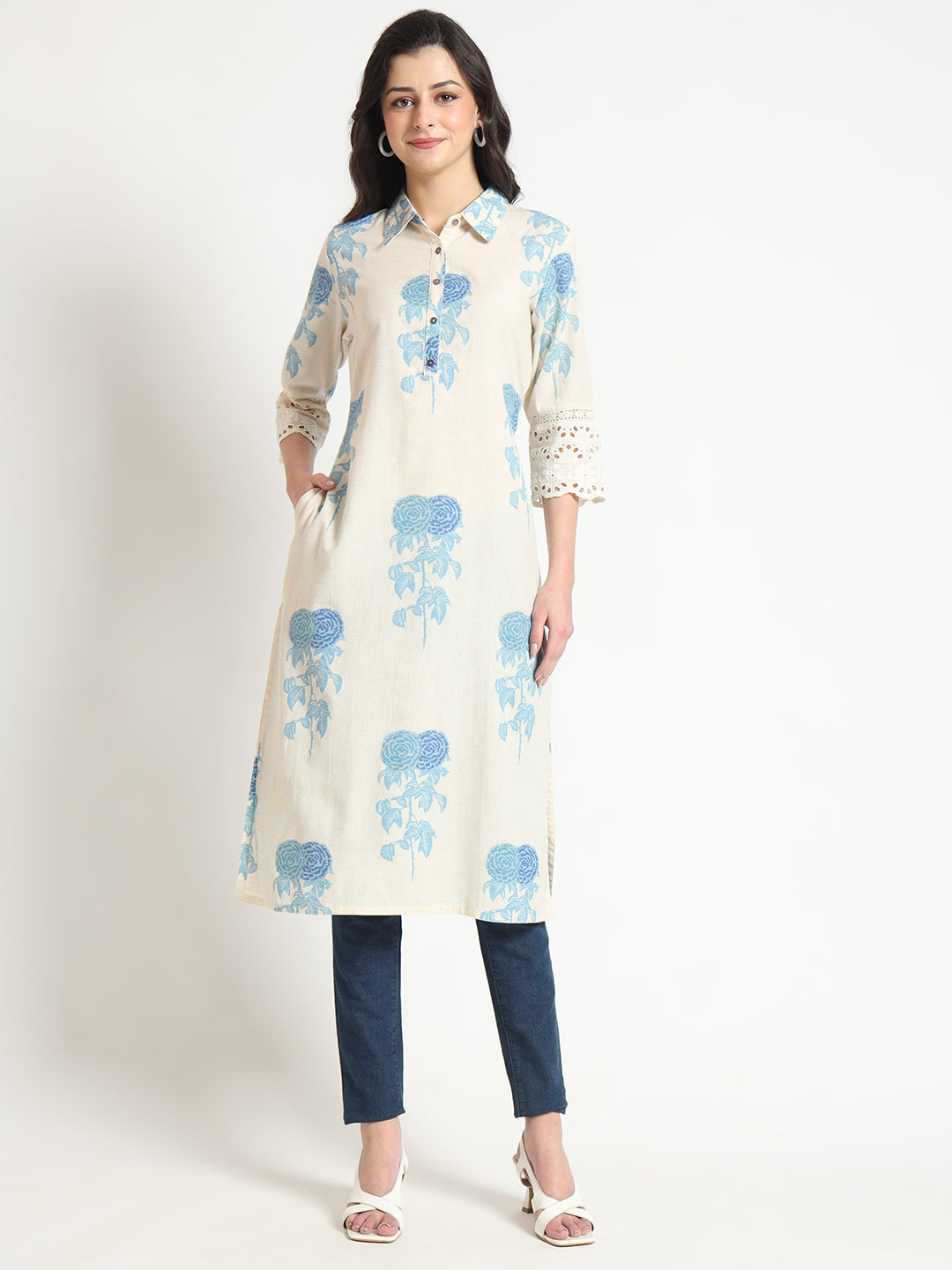 Cream Blue Floral Print Cotton Fabric A-Line Kurta